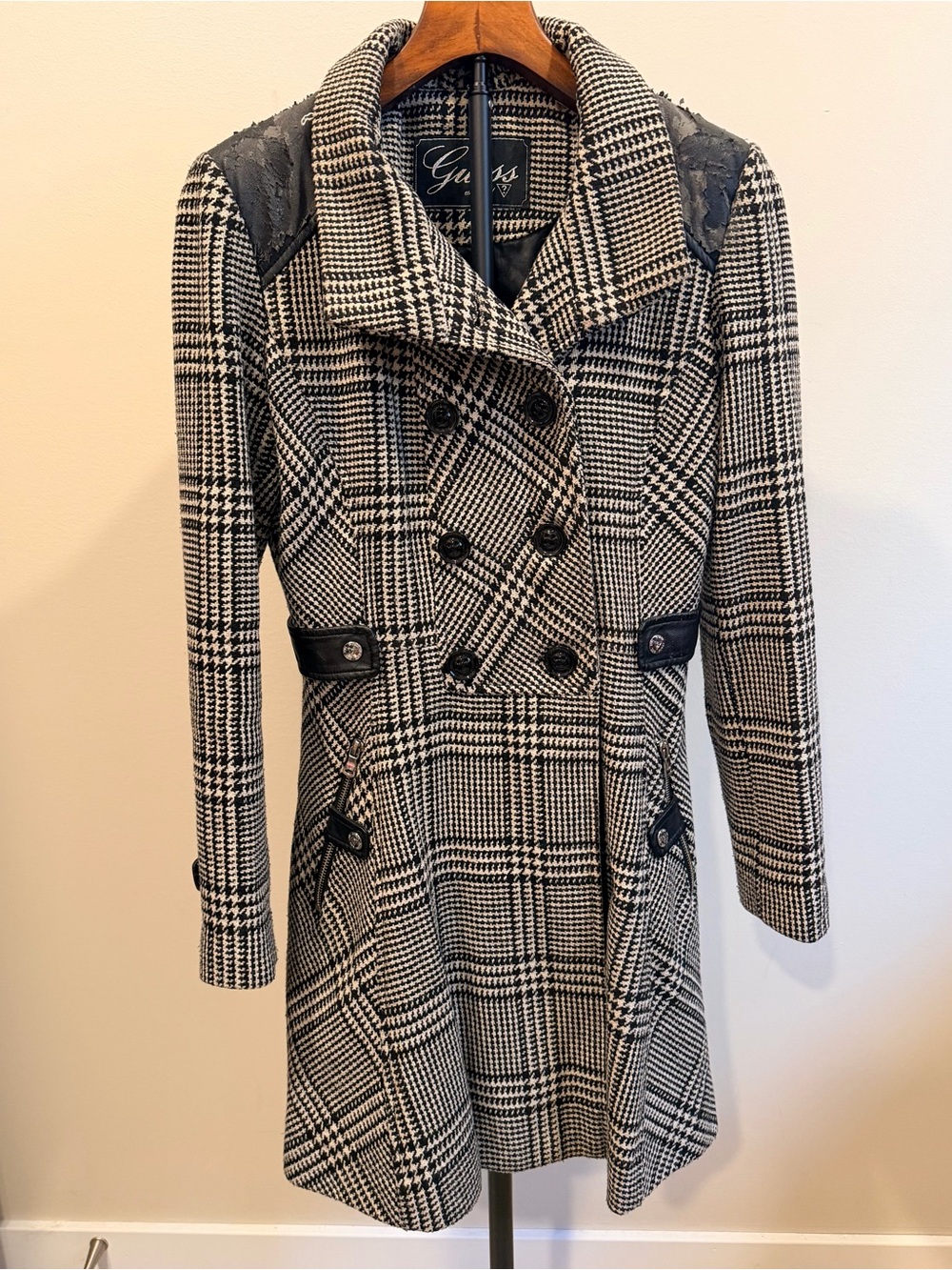 Vintage GUESS Plaid Belted Coat Womens Faux Leather Detail AS IS